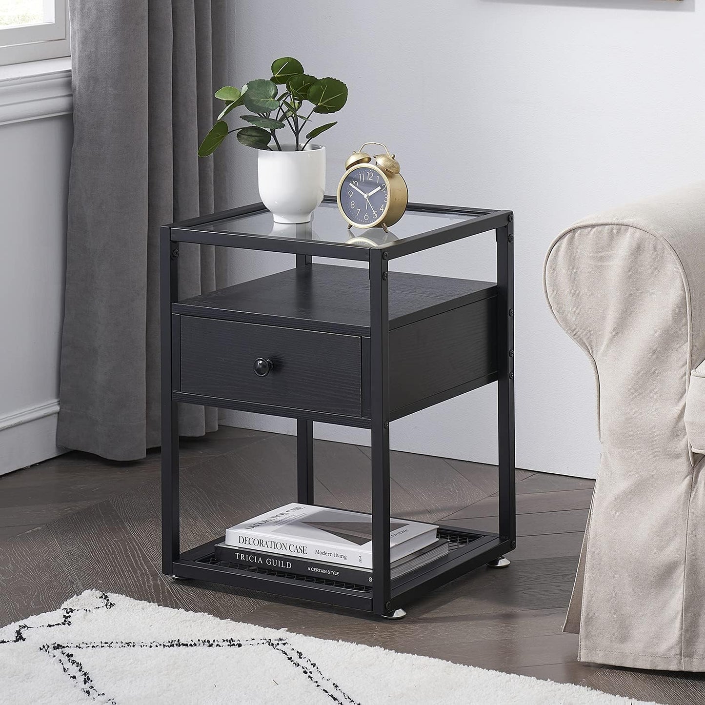 VECELO Nachttische, Beistelltische mit Glasplatte, Schublade und Regal