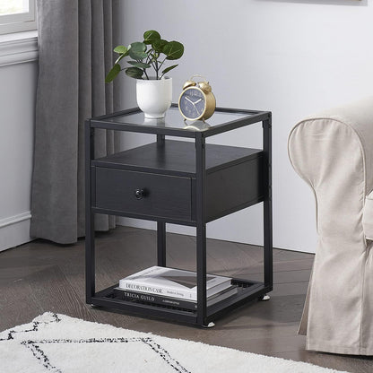 VECELO Nachttische, Beistelltische mit Glasplatte, Schublade und Regal