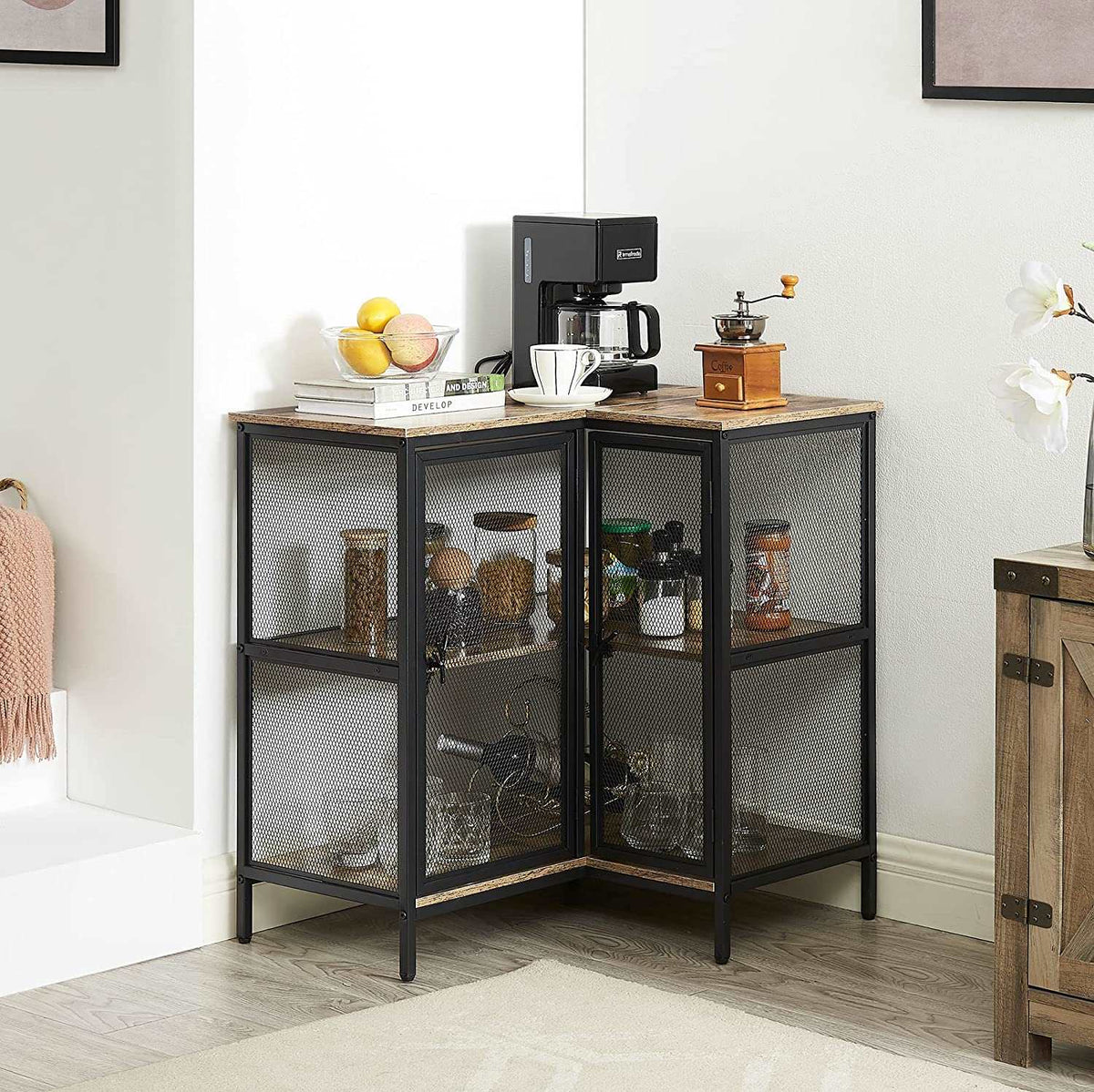VECELO 3 Tier Corner Cabinet with Doors and Storage Shelves, Industrial TV Multipurpose Free-Standing Table