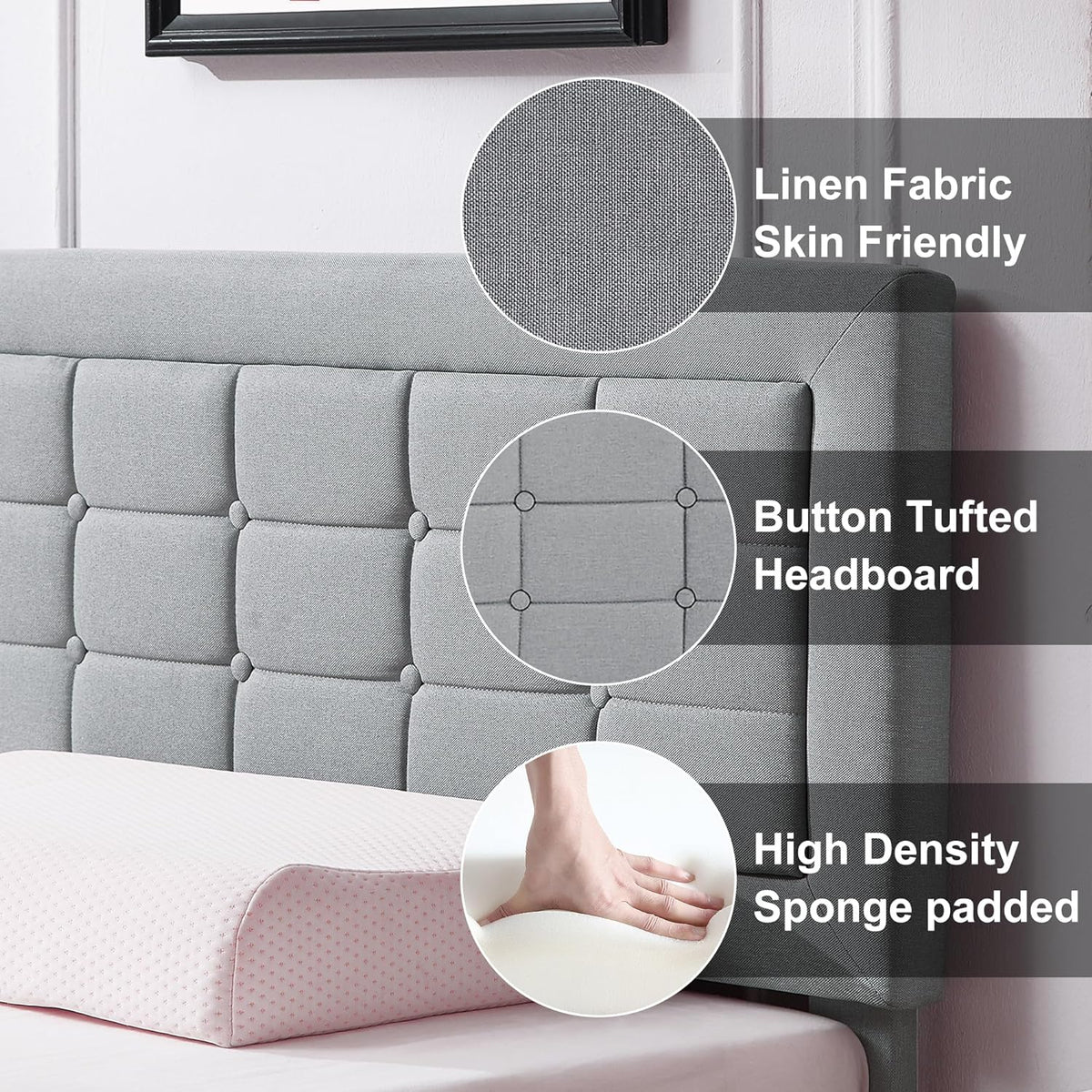 Base de cama tapizada VECELO con cabecero de altura ajustable