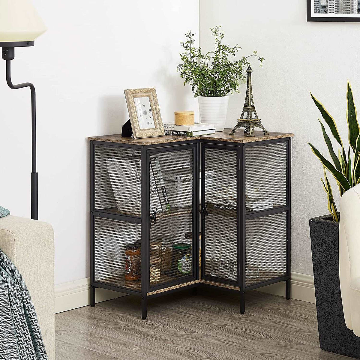 VECELO 3 Tier Corner Cabinet with Doors and Storage Shelves, Industrial TV Multipurpose Free-Standing Table