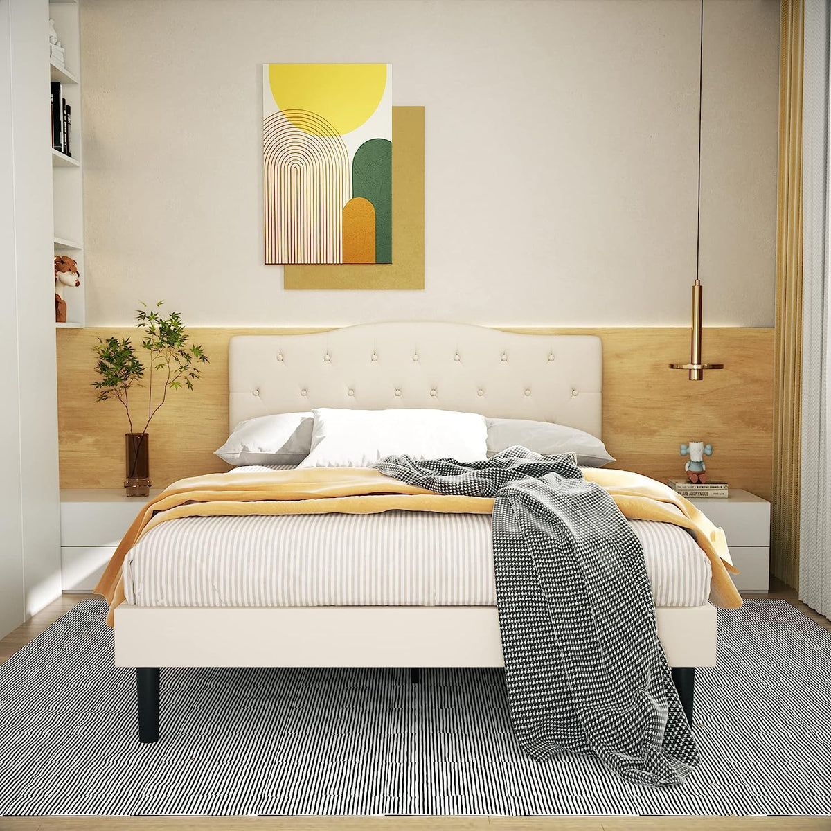 VECELO Classic Upholstered Platform Bed Frame with Diamond Stitched Cloth