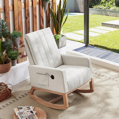 VECELO mecedora tapizada para guardería, sillón reclinable con respaldo alto, sillón cómodo con bolsillo lateral y puerto USB