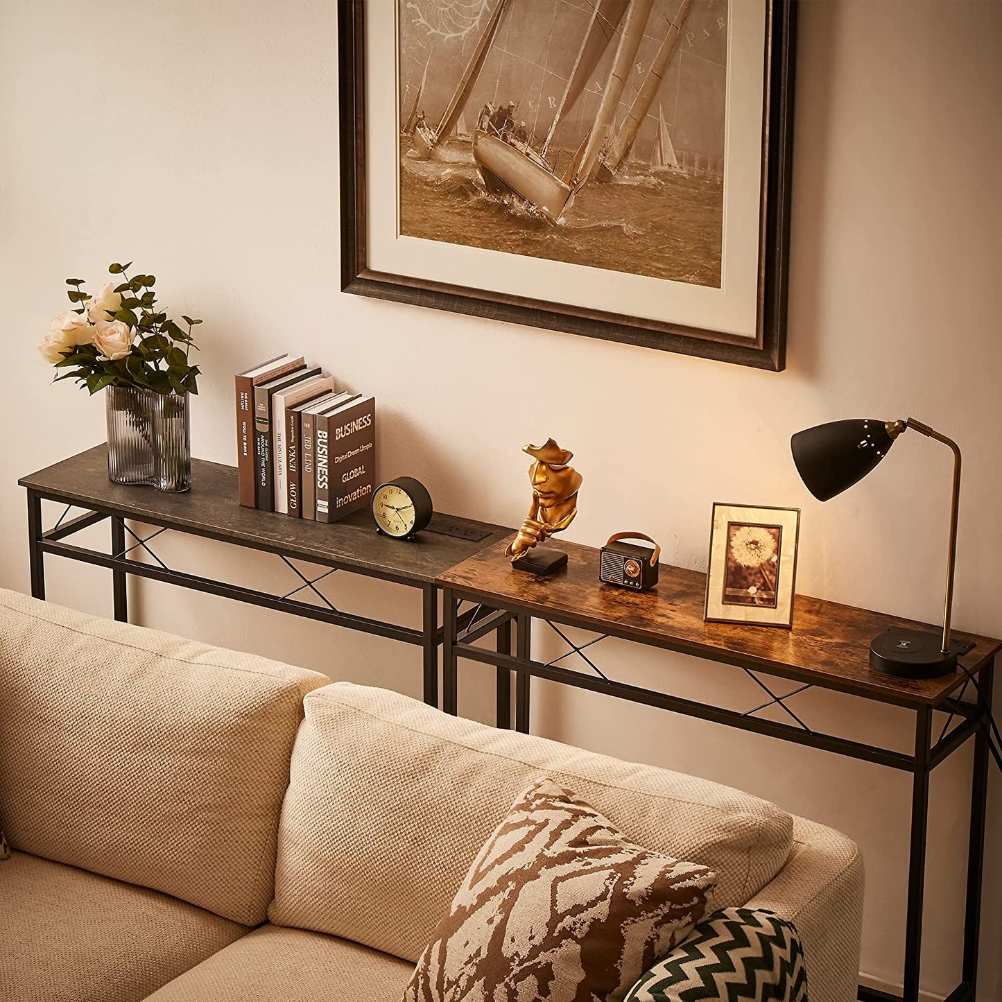 VECELO Extra Long Narrow Sofa/Console Table with Charging Station & Power Outlet and USB Ports