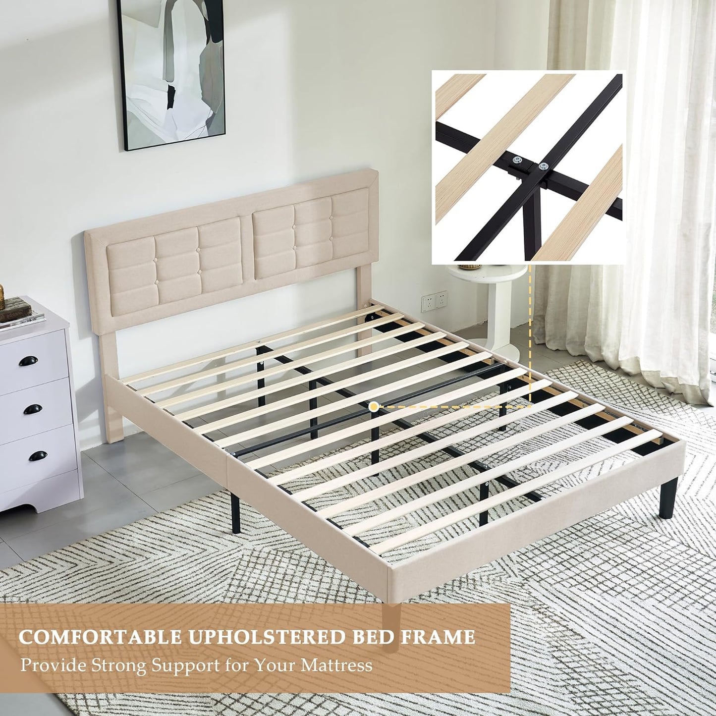 Base de cama tapizada VECELO con cabecero de altura ajustable