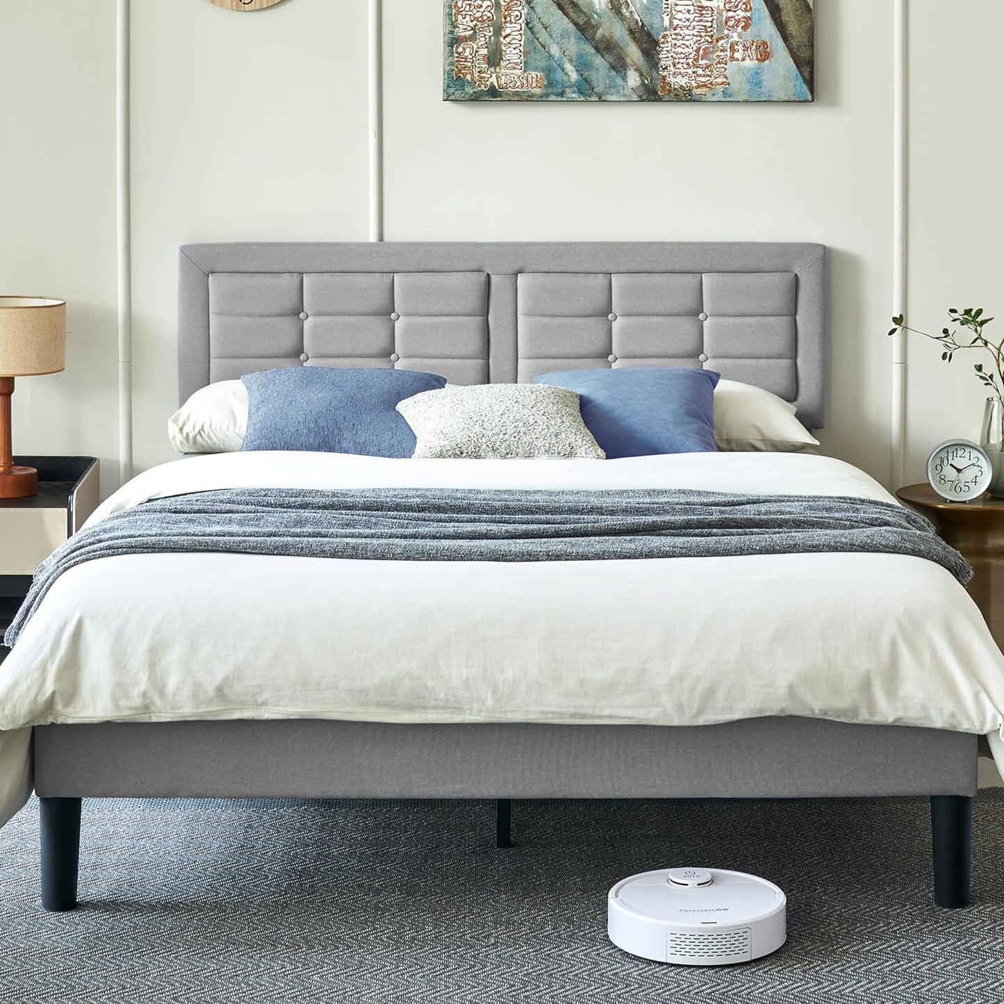 Base de cama tapizada VECELO con cabecero de altura ajustable