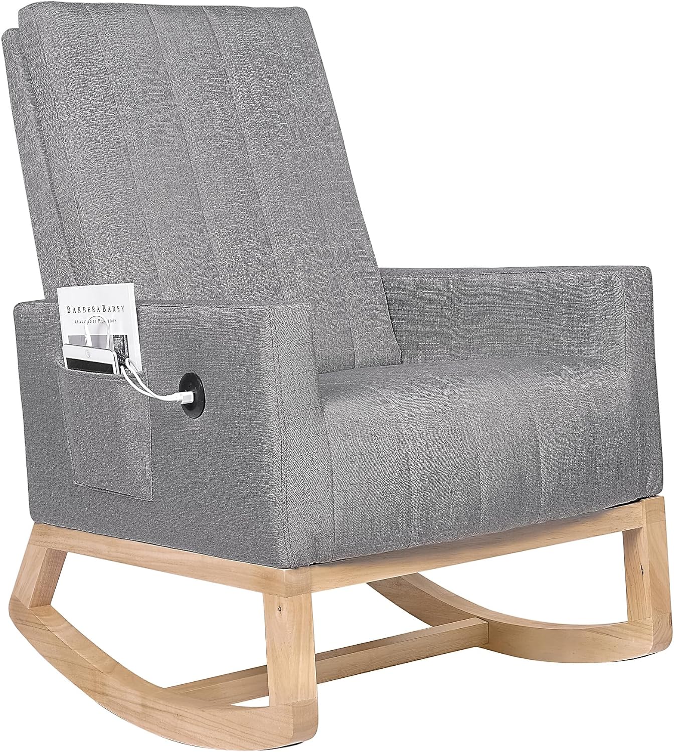 VECELO mecedora tapizada para guardería, sillón reclinable con respaldo alto, sillón cómodo con bolsillo lateral y puerto USB