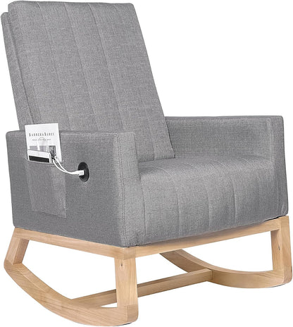 VECELO mecedora tapizada para guardería, sillón reclinable con respaldo alto, sillón cómodo con bolsillo lateral y puerto USB