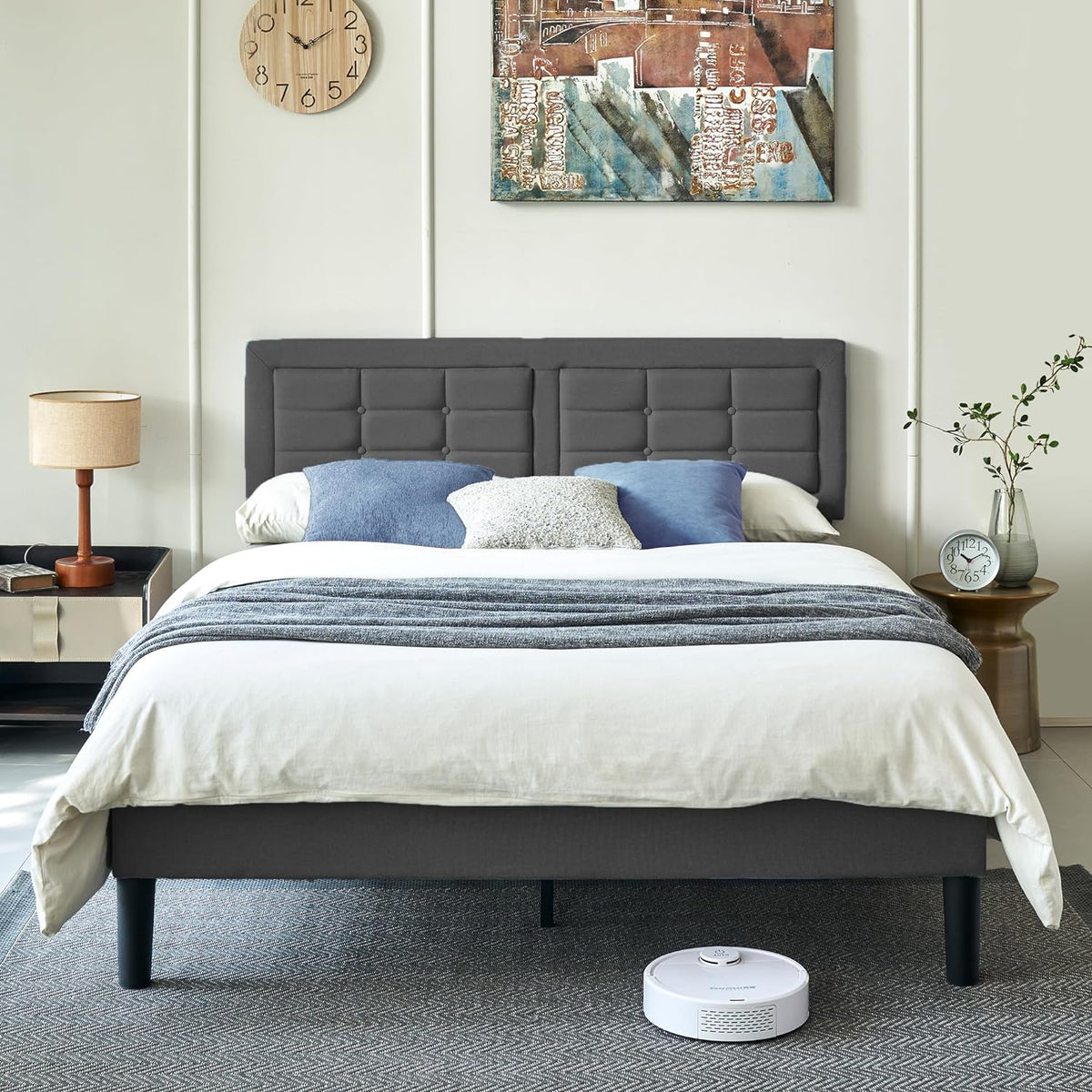 Base de cama tapizada VECELO con cabecero de altura ajustable