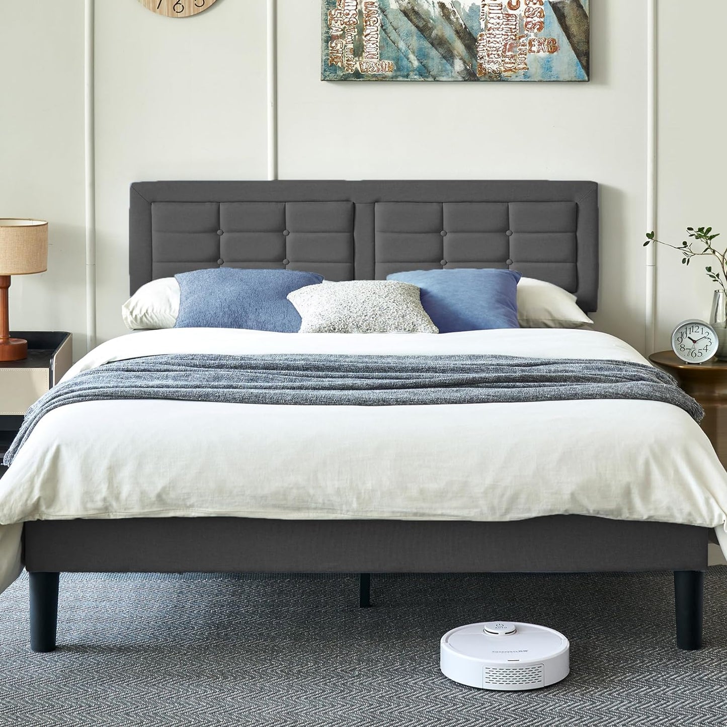 Base de cama tapizada VECELO con cabecero de altura ajustable