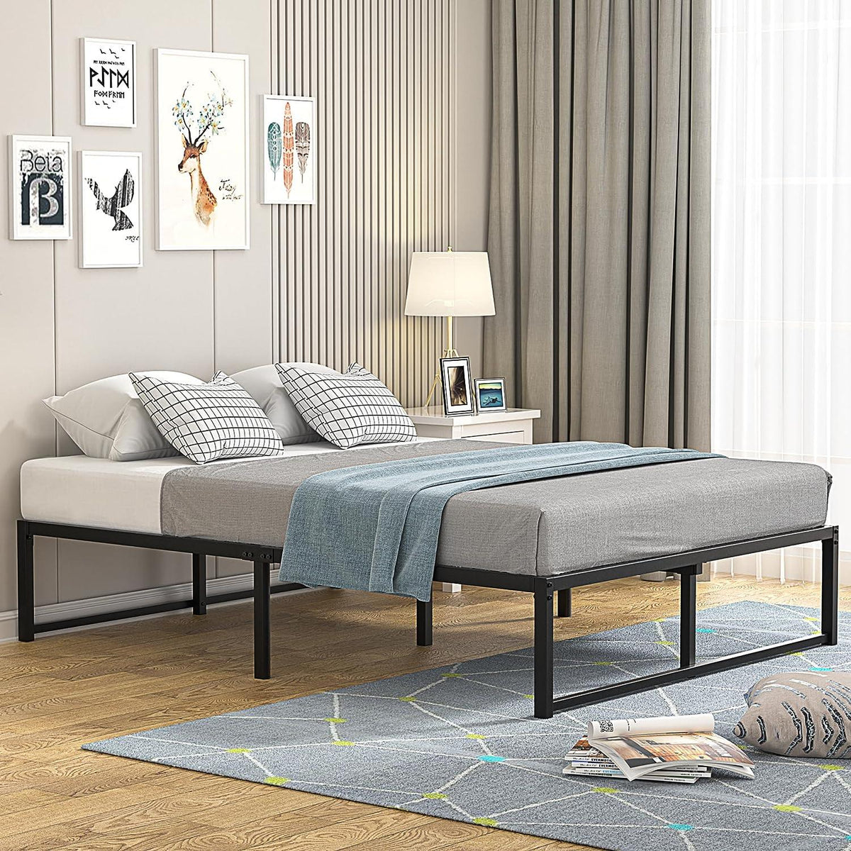 VECELO 14" Black Platform Bed Frame/Mattress Foundation/No Box Spring Needed/Steel Slat Support