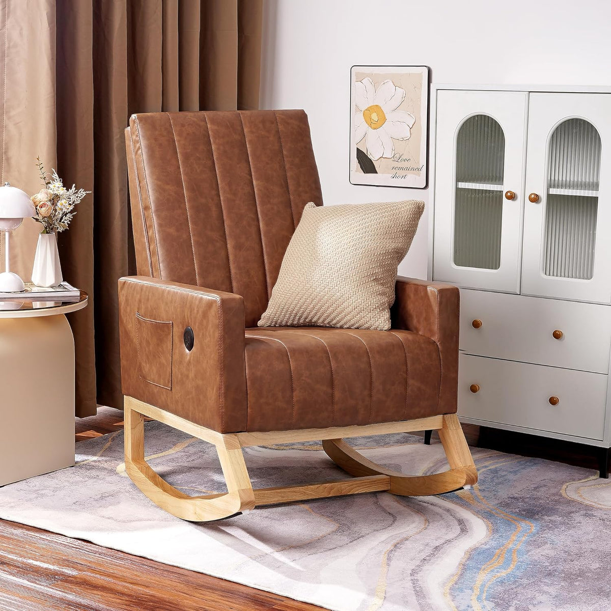 VECELO mecedora tapizada para guardería, sillón reclinable con respaldo alto, sillón cómodo con bolsillo lateral y puerto USB
