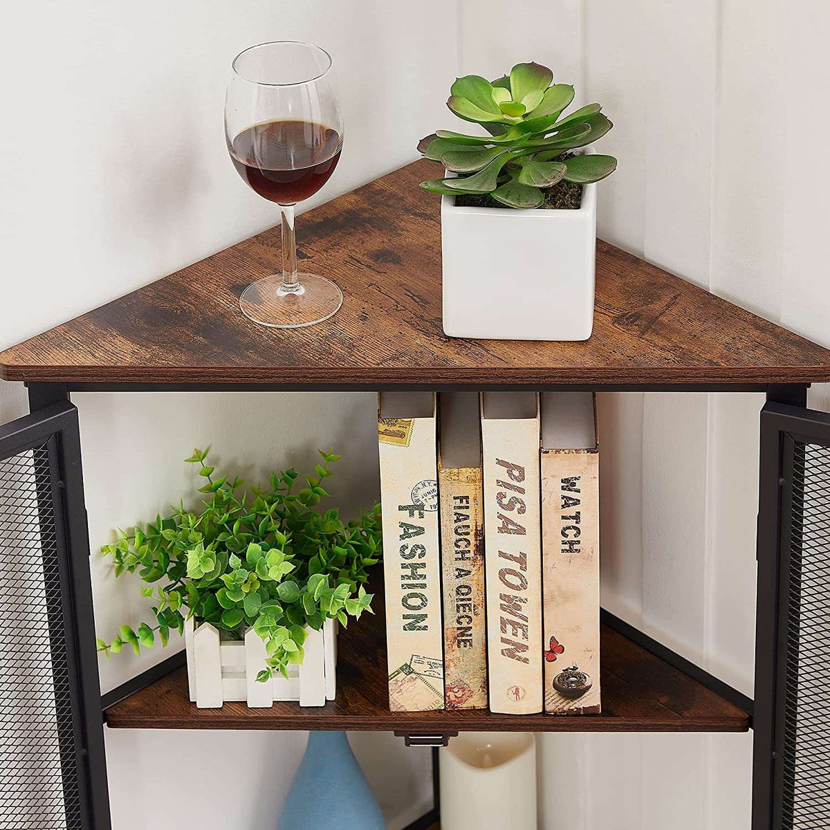 VECELO 3 Tier Corner Cabinet Shelf Display Rack with Grid Doors