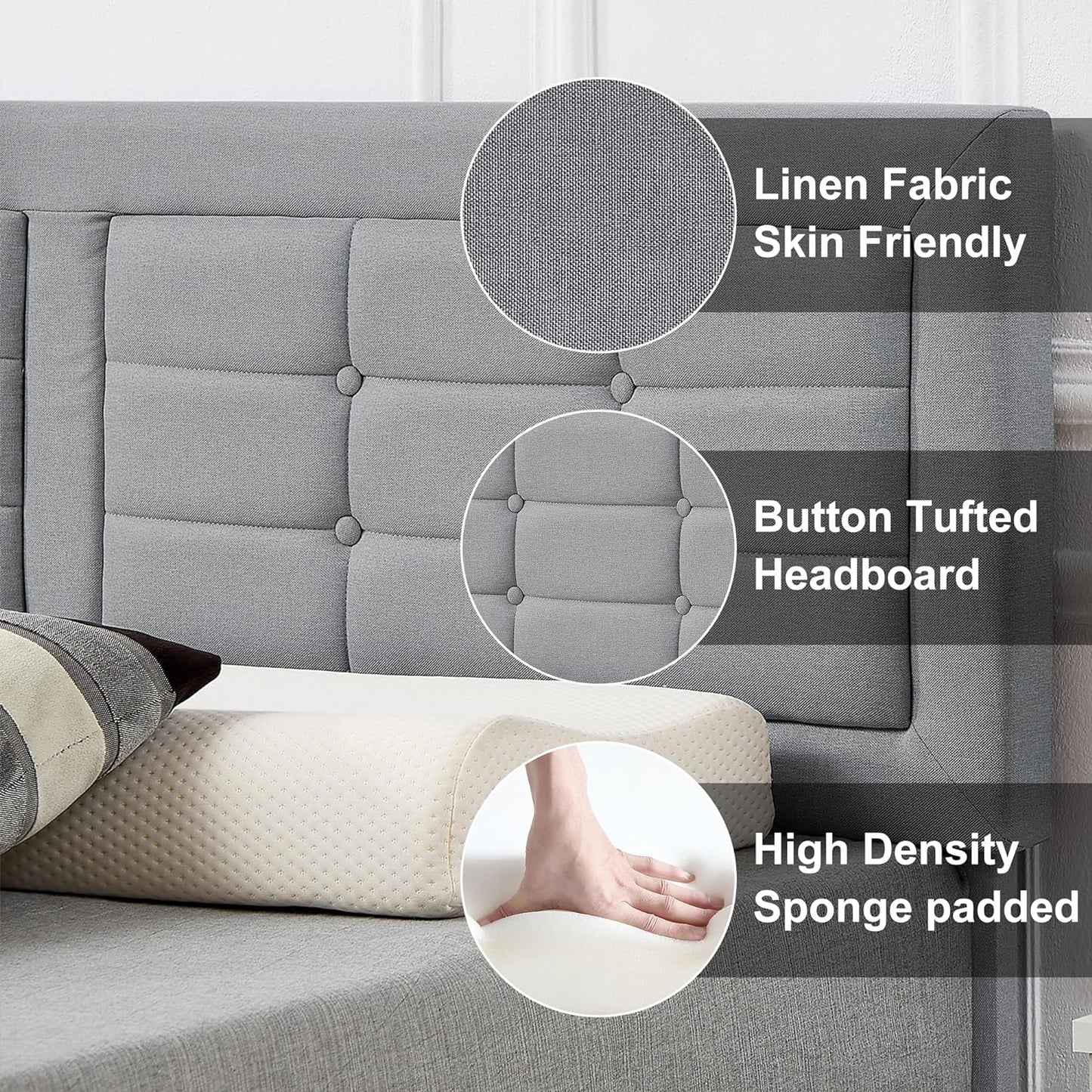 Base de cama tapizada VECELO con cabecero de altura ajustable