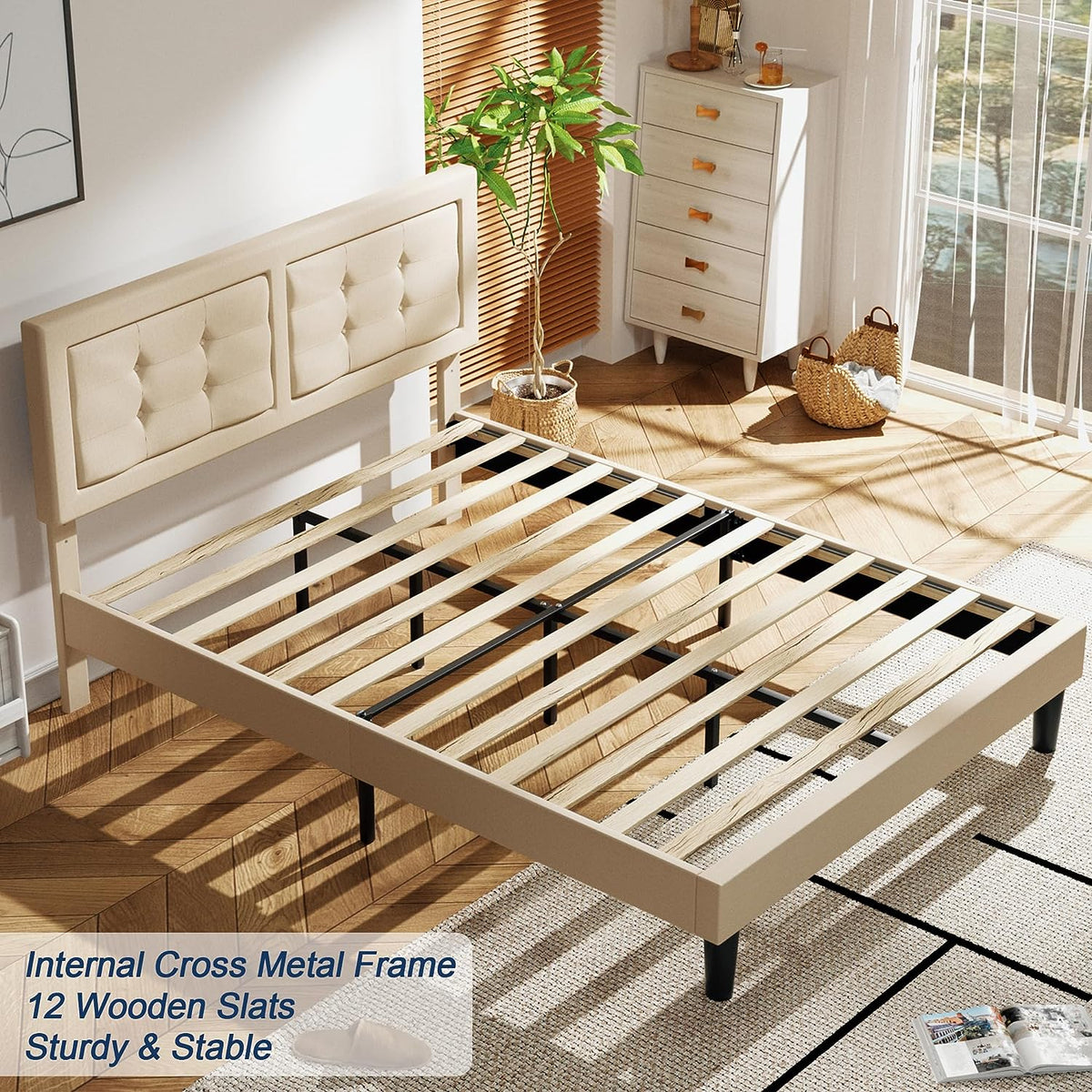 Base de cama tapizada VECELO con cabecero de altura ajustable