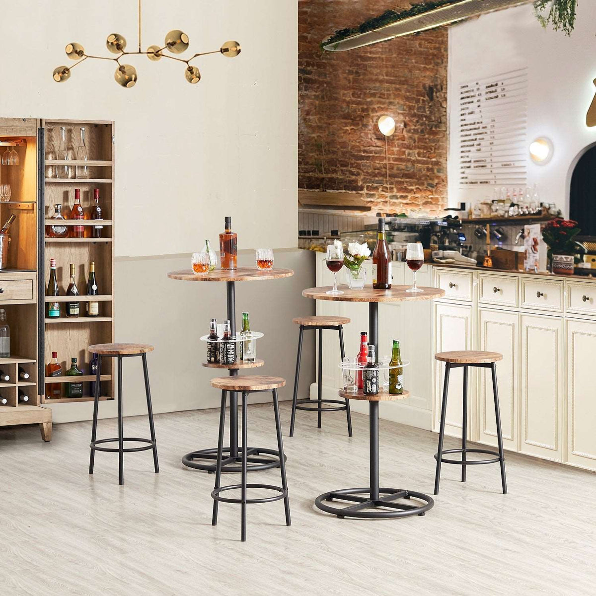 VECELO 3 Piece Bar Table Set, Small 2-Tier Round Pub Table with Barstools