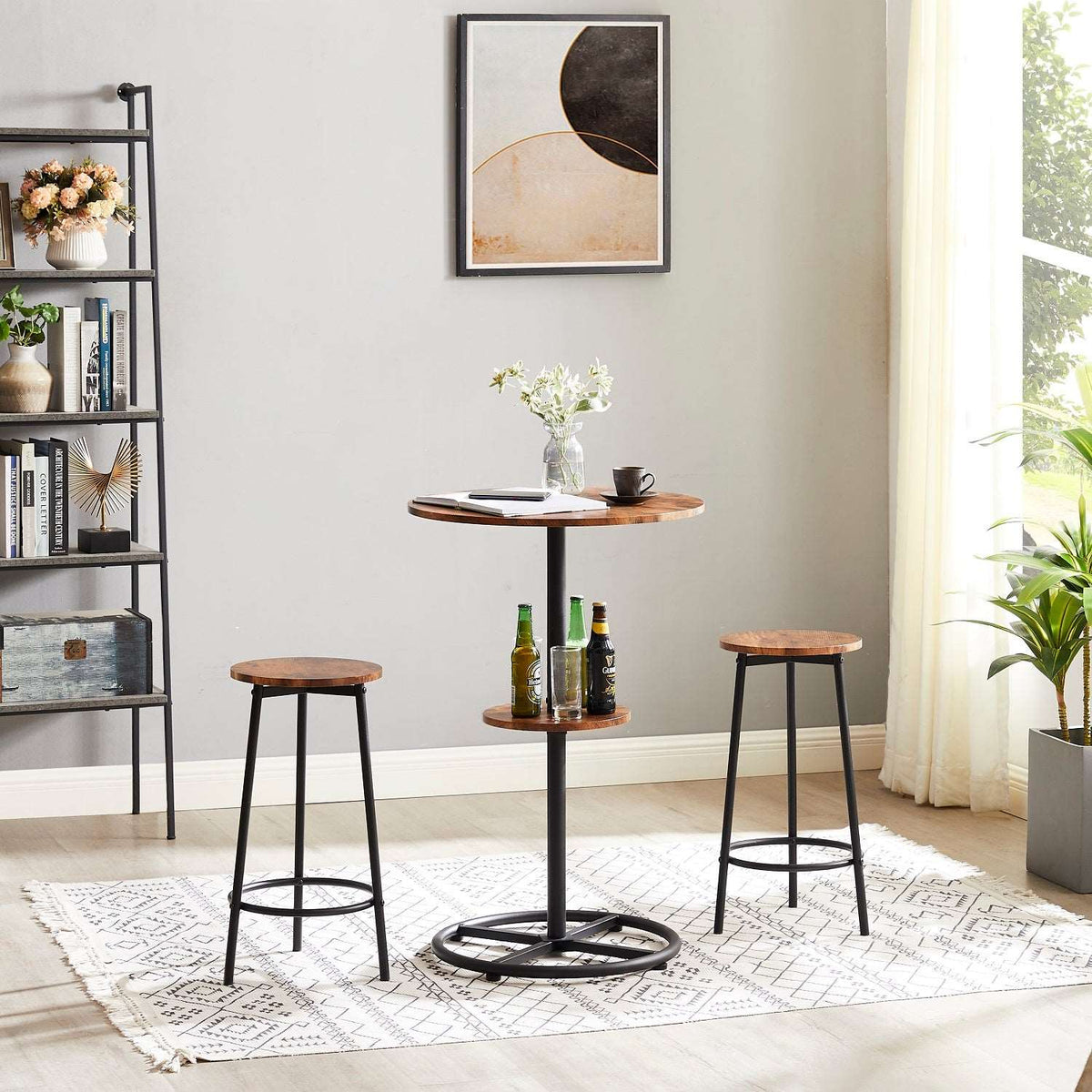 VECELO 3 Piece Bar Table Set, Small 2-Tier Round Pub Table with Barstools