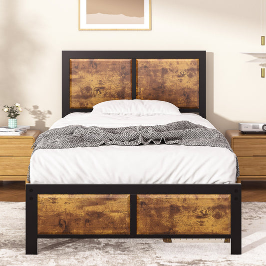 Base de cama de plataforma VECELO, base para colchón con cabecero rústico de madera vintage