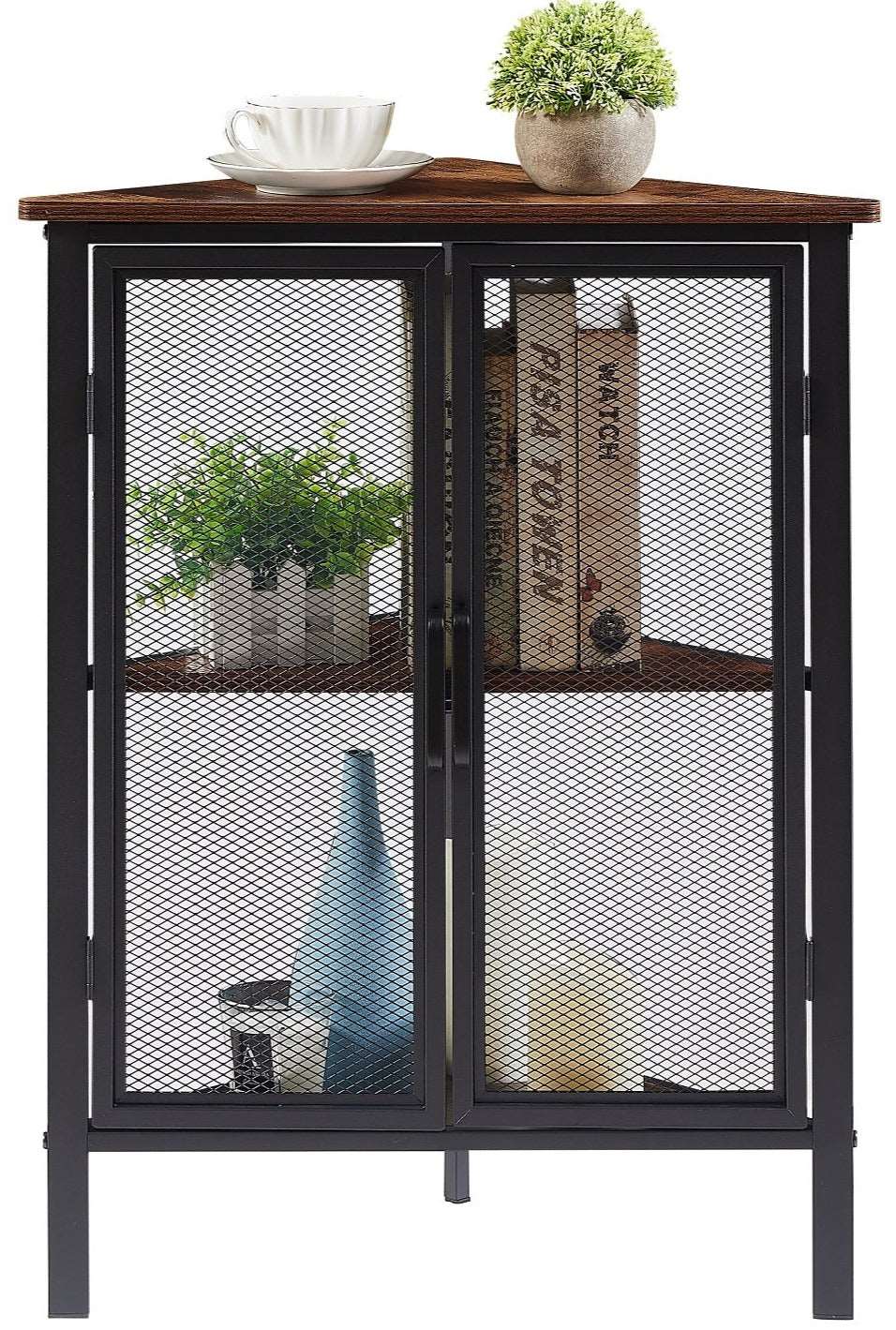 VECELO 3 Tier Corner Cabinet Shelf Display Rack with Grid Doors